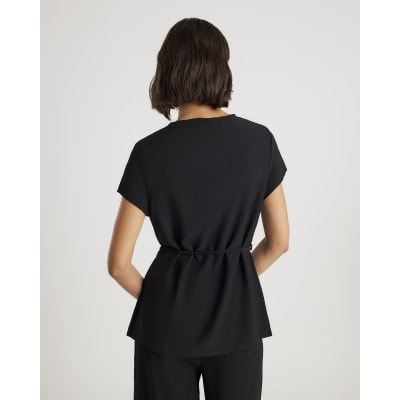 Black Short Sleeve Textured Belted T-Shirt