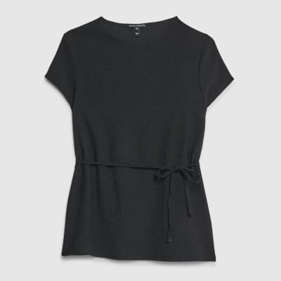 Black Short Sleeve Textured Belted T-Shirt