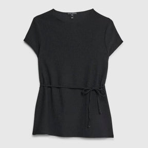 Black Short Sleeve Textured Belted T-Shirt