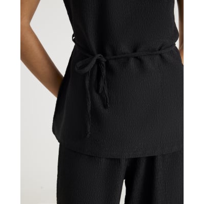 Black Short Sleeve Textured Belted T-Shirt