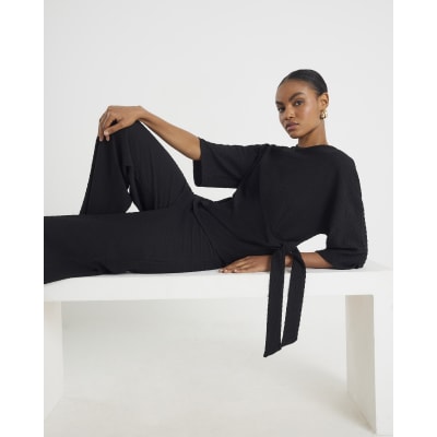Black Short Sleeve Textured Tie T-shirt