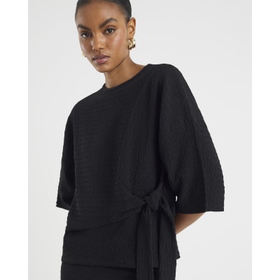 Black Short Sleeve Textured Tie T-shirt