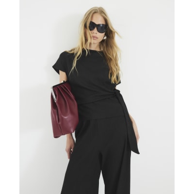 Black Short Sleeve Textured Tie Waist T-shirt