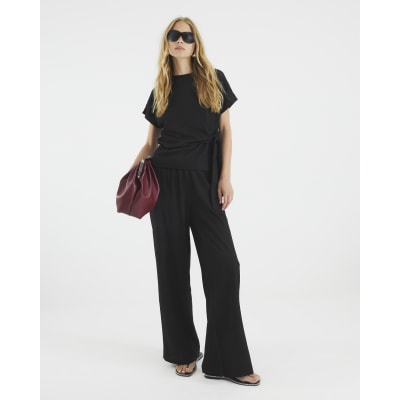 Black Short Sleeve Textured Tie Waist T-shirt