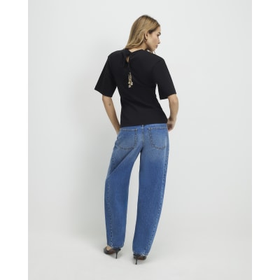 Black Short Sleeve Tie Back Seamed Top