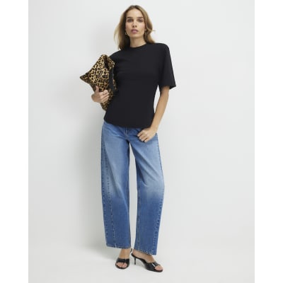 Black Short Sleeve Tie Back Seamed Top