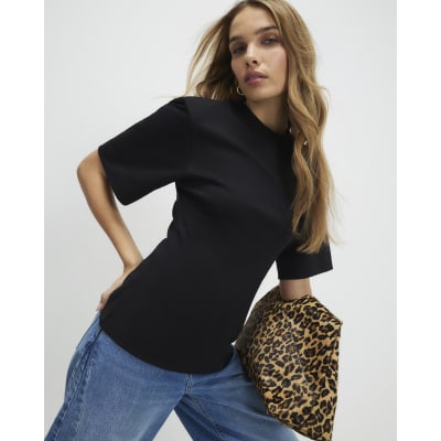 Black Short Sleeve Tie Back Seamed Top