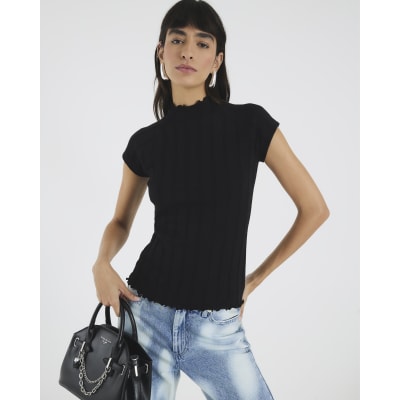 Black Short Sleeve Wide Ribbed Top