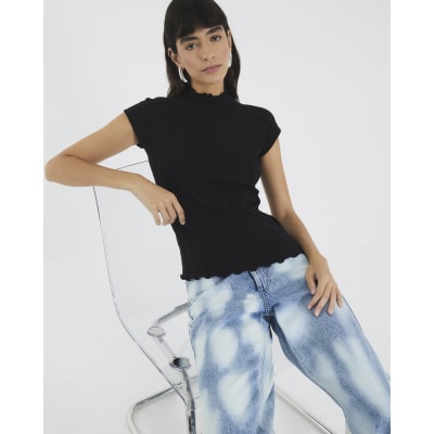 Black Short Sleeve Wide Ribbed Top
