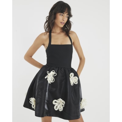 Black Sleeveless 3D Floral Mini Dress