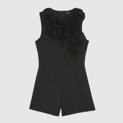 Black Sleeveless 3D Plisse Ruffle Playsuit