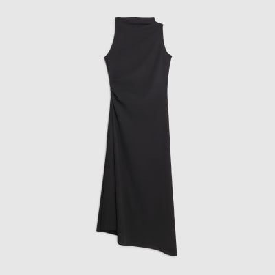 Black Sleeveless Asymmetric Hem Midi Dress