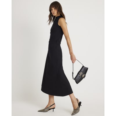 Black Sleeveless Asymmetric Hem Midi Dress