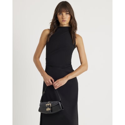 Black Sleeveless Asymmetric Hem Midi Dress