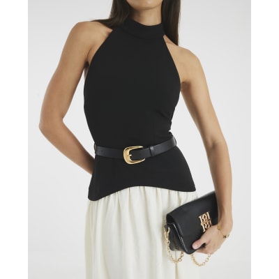 Black Sleeveless Belted Hybrid Midi Dress