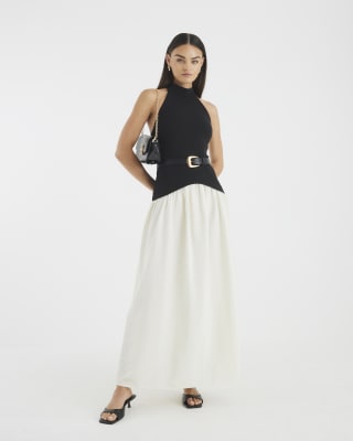 Black Sleeveless Belted Hybrid Midi Dress