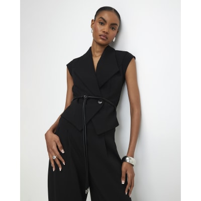 Black Sleeveless Belted Waistcoat