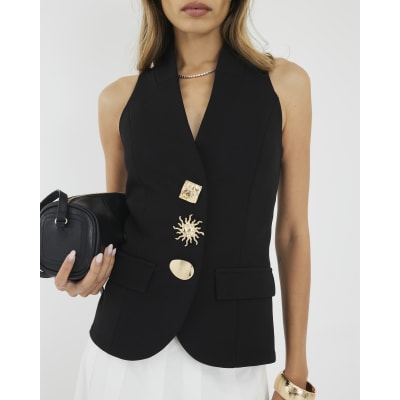 Black Sleeveless Button Detail Waistcoat