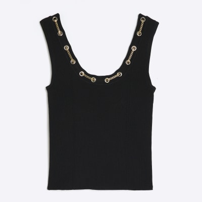 Black Sleeveless Chain Detail Vest Top