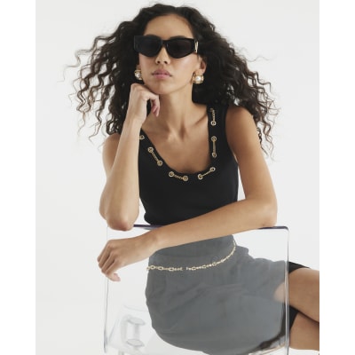 Black Sleeveless Chain Detail Vest Top