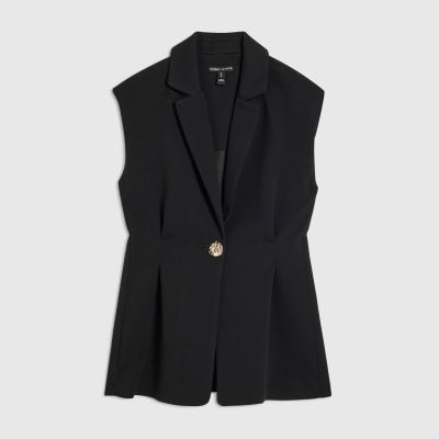 Black Sleeveless Cinched Waist Blazer