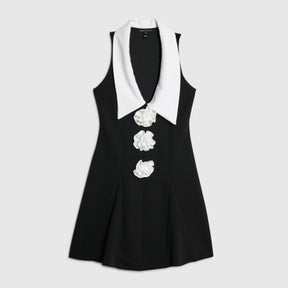 Black Sleeveless Corsage Collared Mini Dress