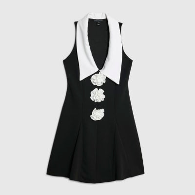 Black Sleeveless Corsage Collared Mini Dress