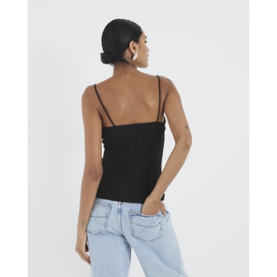 Black Sleeveless Cowl Neck Diamante Cami Top