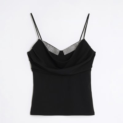 Black Sleeveless Cowl Neck Diamante Cami Top
