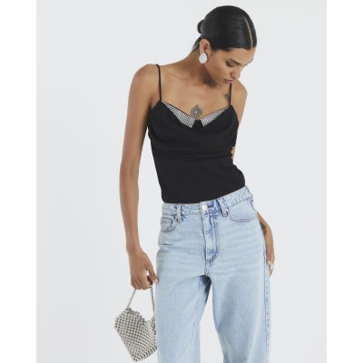 Black Sleeveless Cowl Neck Diamante Cami Top