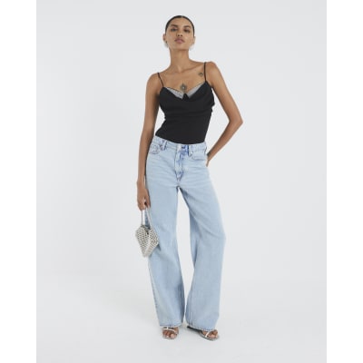 Black Sleeveless Cowl Neck Diamante Cami Top