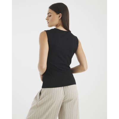 Black Sleeveless Cowl Neck Drape Tank Top