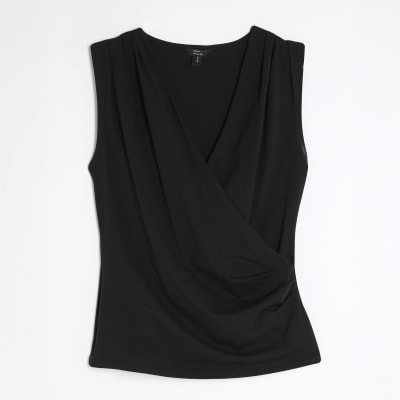 Black Sleeveless Cowl Neck Drape Tank Top
