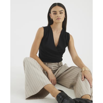 Black Sleeveless Cowl Neck Drape Tank Top