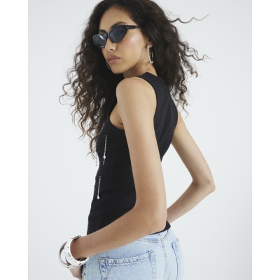 Black Sleeveless Diamante Ribbed Tank Top