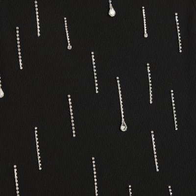 Black Sleeveless Diamante Ribbed Tank Top