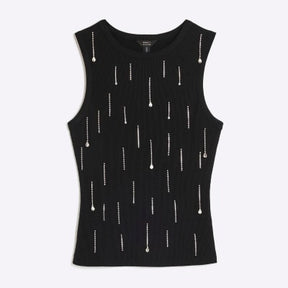 Black Sleeveless Diamante Ribbed Tank Top
