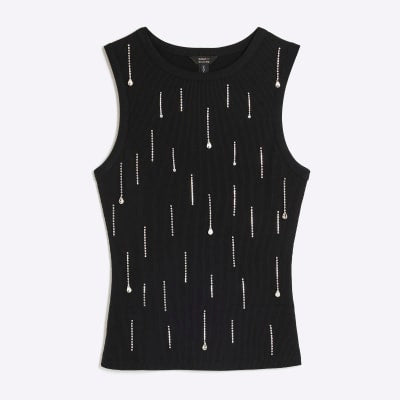 Black Sleeveless Diamante Ribbed Tank Top
