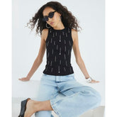 Black Sleeveless Diamante Ribbed Tank Top