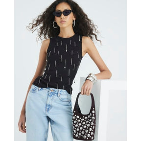 Black Sleeveless Diamante Ribbed Tank Top