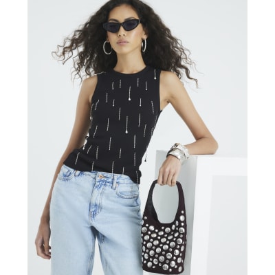 Black Sleeveless Diamante Ribbed Tank Top