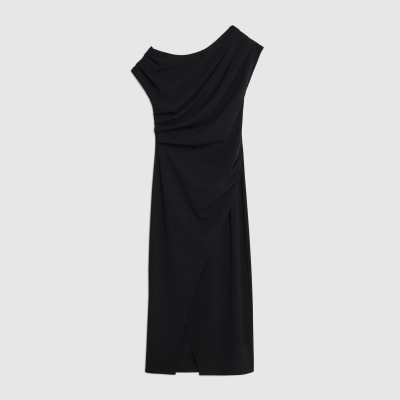 Black Sleeveless Drape Midi Dress