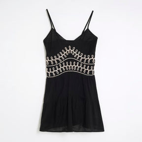 Black Sleeveless Embroidered Mini Beach Dress