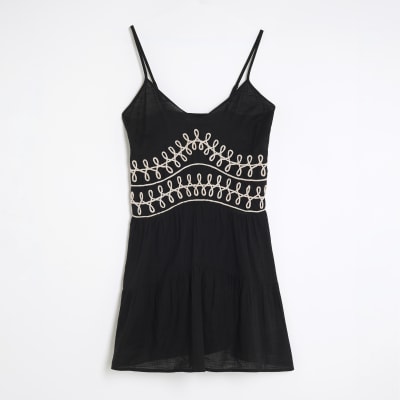 Black Sleeveless Embroidered Mini Beach Dress