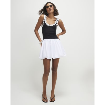Black Sleeveless Floral Bubble Hem Mini Dress