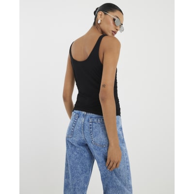 Black Sleeveless Gathered Drape Tank Tap