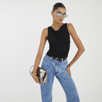 Black Sleeveless Gathered Drape Tank Tap