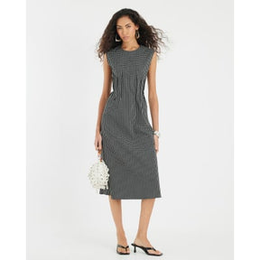 Black Sleeveless Pintuck Checked Midi Dress