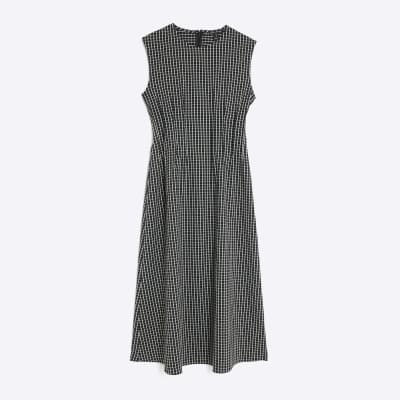 Black Sleeveless Pintuck Checked Midi Dress