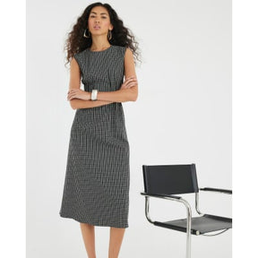 Black Sleeveless Pintuck Checked Midi Dress